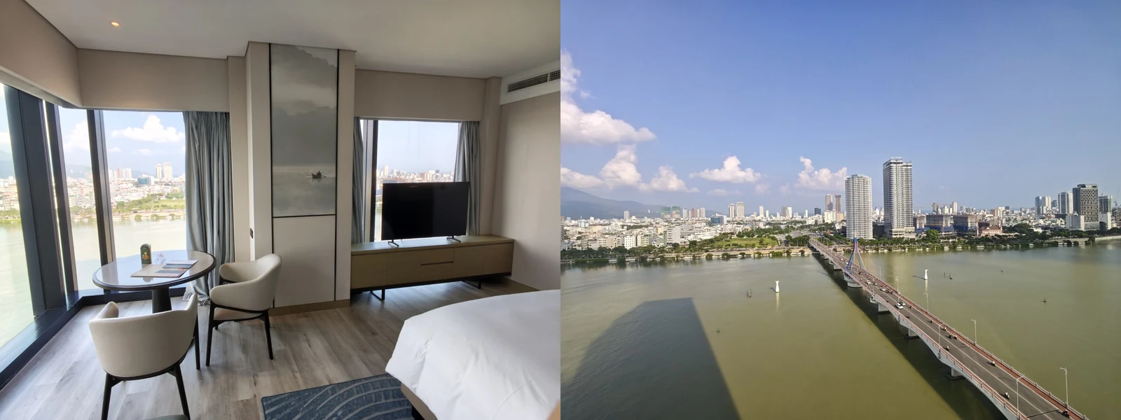 角房兩面採光,窗外是漢江與橋景。