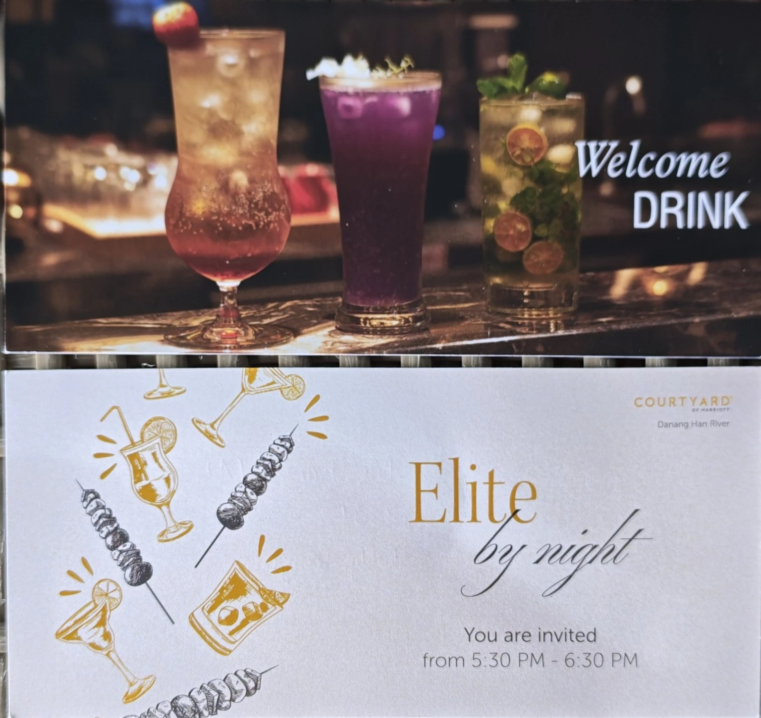 這次入住拿到的 Welcome Drink 與 Elite by Night 飲品券正面。