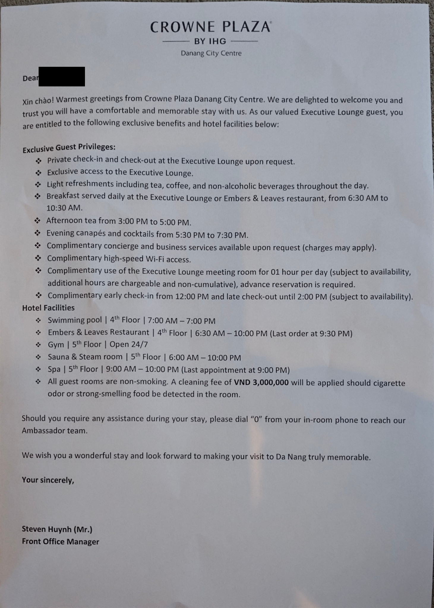 Crowne Plaza Danang City Centre 行政酒廊待遇信(客人姓名已遮蔽)